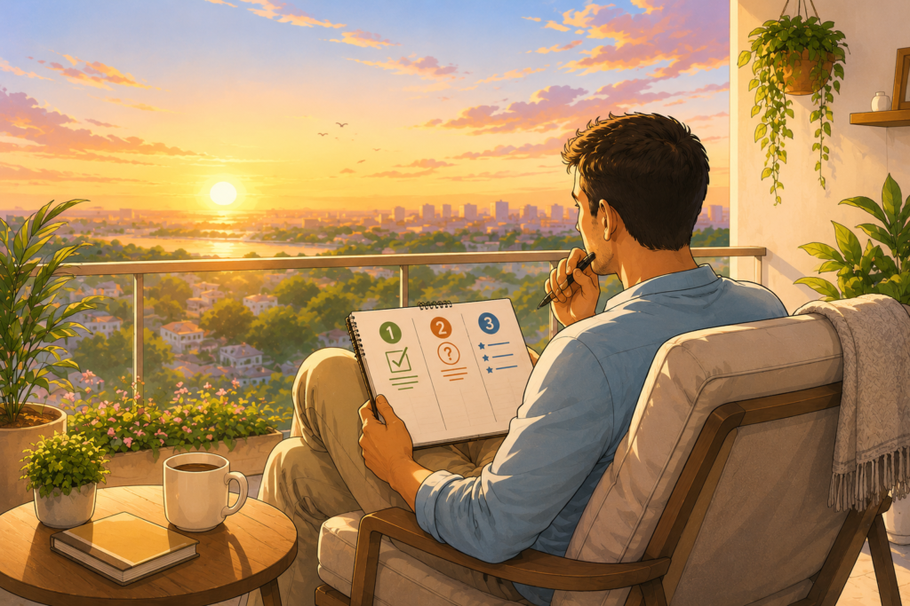 Every Sunday evening, spend thirty minutes answering three questions.