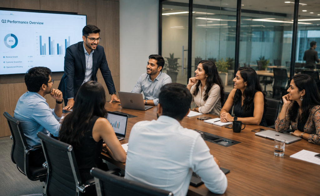 Sales training session with professionals collaborating in a corporate boardroom on communication and client engagement skills.