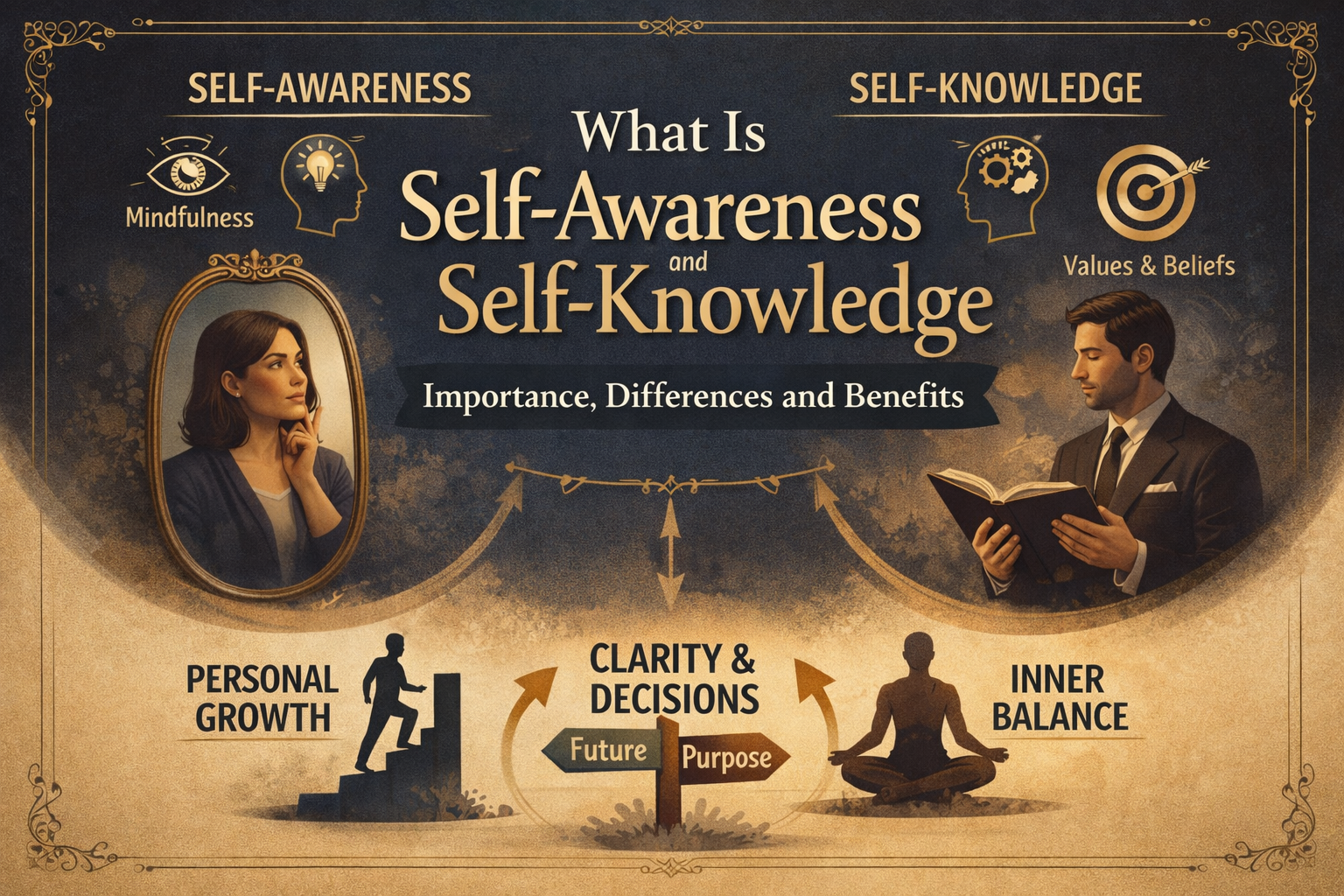 The difference between self-awareness and self-knowledge, with concepts like mindfulness, values, personal growth, clarity in decisions and inner balance.