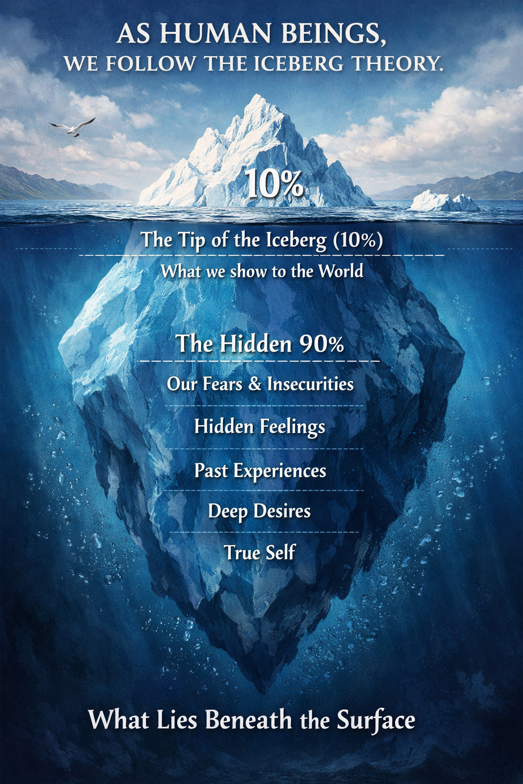 Iceberg theory showing visible 10% above water and hidden 90% below water representing the inner world of human thoughts, emotions, and experiences.Iceberg theory of self-awareness showing 10% visible behavior above water and 90% hidden thoughts, emotions, beliefs, and experiences beneath the surface.