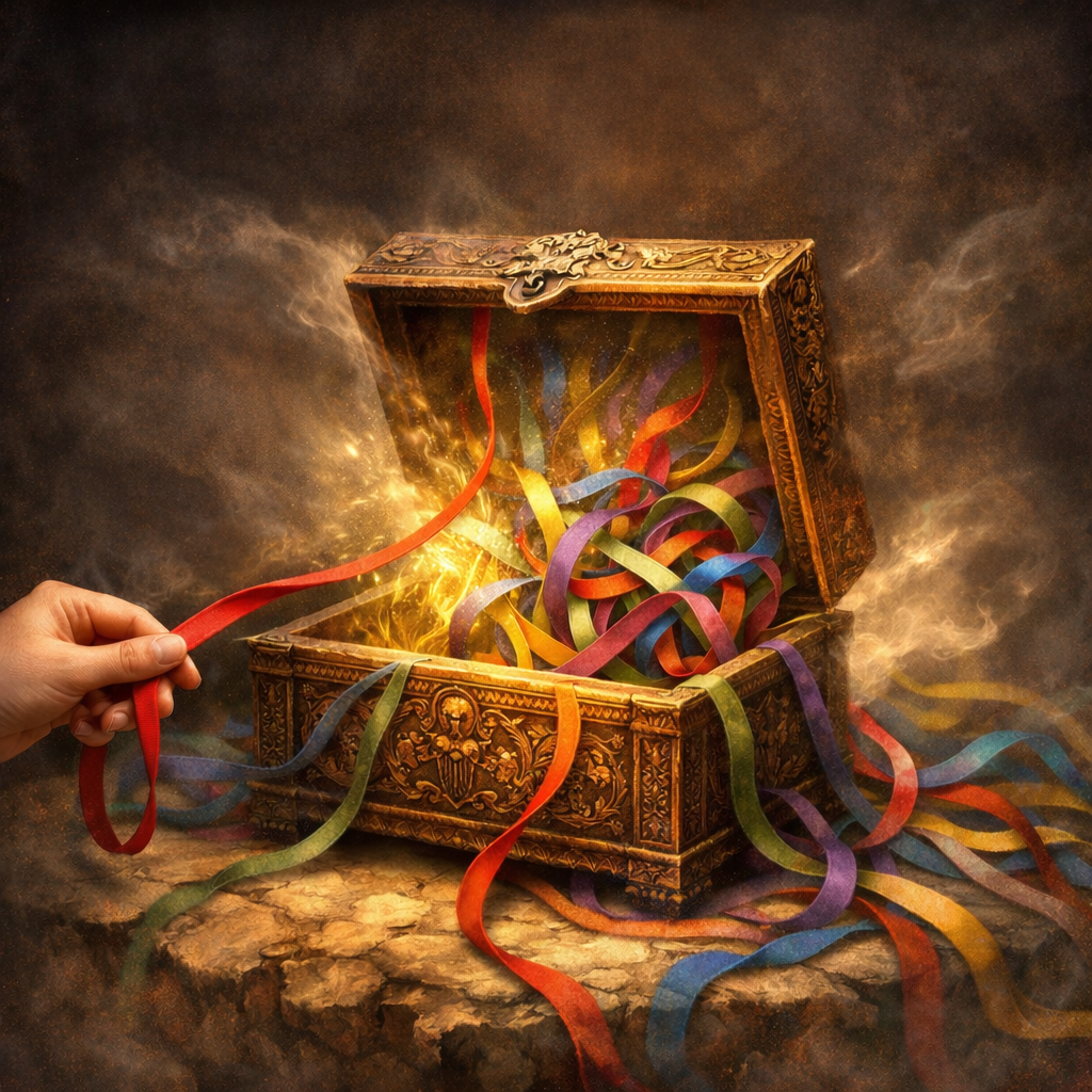 self-awareness is about catching hold of one ribbon which is showing in that moment. That leads you to the jumbled mess of ribbons within the box. Which is self-knowledge. The blueprint of the Self. 