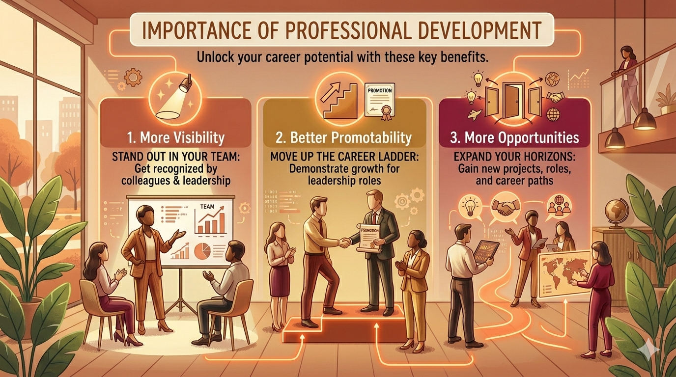 Professional development benefits including visibility, promotion, and career opportunities