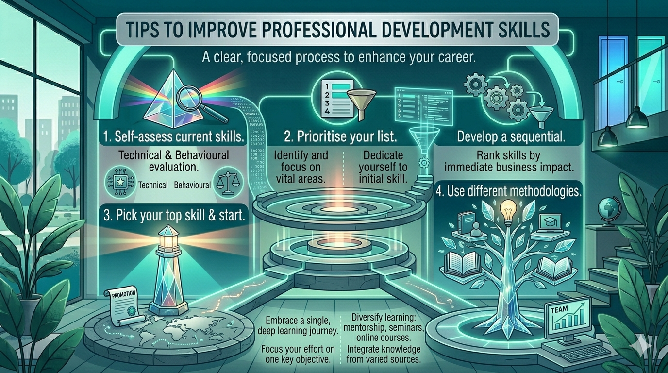 Step-by-step infographic on improving professional development skills—assess, prioritise, focus, and learn using diverse methods