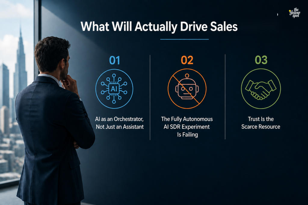 What Will Actually Drive Sales
A business graphic highlighting three sales drivers: AI as an orchestrator, the limits of fully autonomous AI SDRs, and trust as a scarce resource.
It emphasizes the balance between technology, human judgment, and relationships.